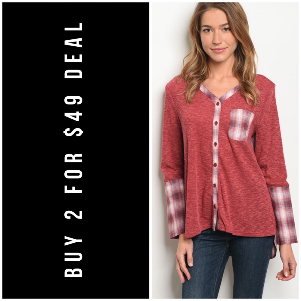 BURGUNDY GRAY CHECKED TOP